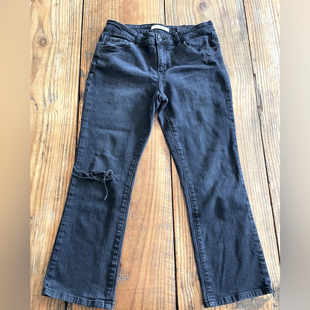Eunina Lola Black Mid Rise Cropped Bootcut Jeans Distressed Knee Size 28